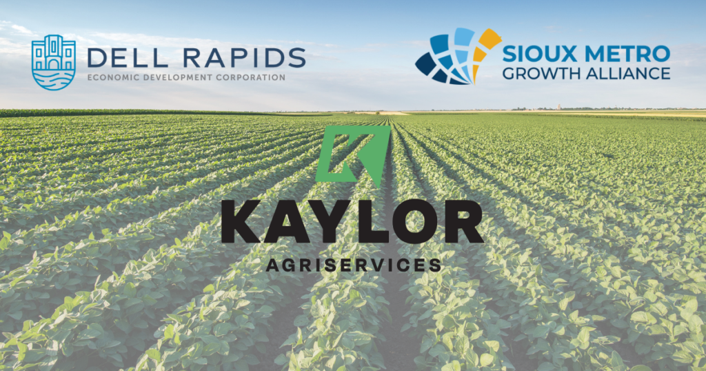 soybean field with Kaylor AgriServices logo, Dell Rapids Economic Development Logo and SMGA logo